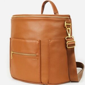Fawn Design “The Original Diaper Bag” backpack in camel leather w/gold hardware
